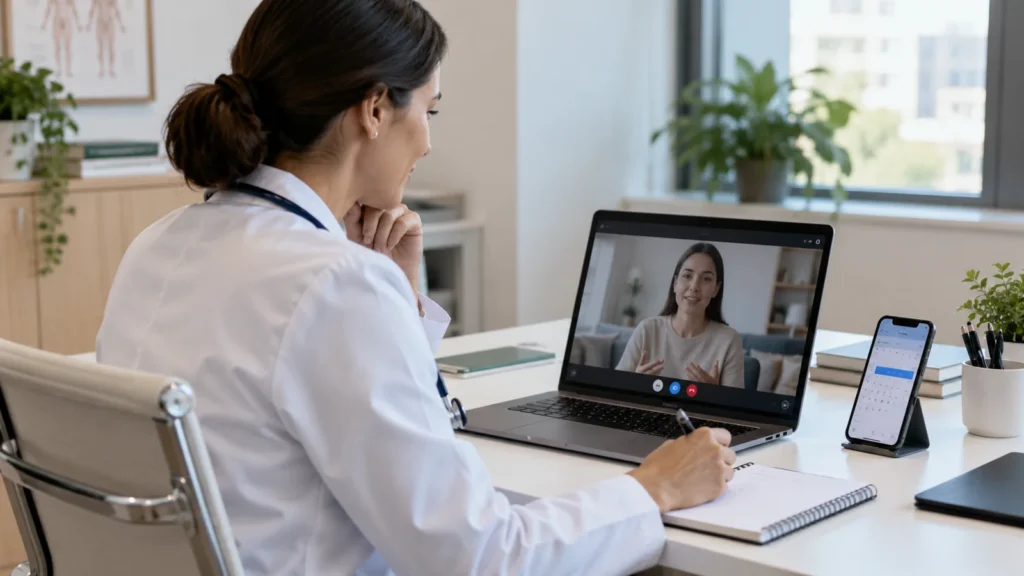 Médica realiza teleconsulta por notebook em consultório, com agenda digital ao lado.