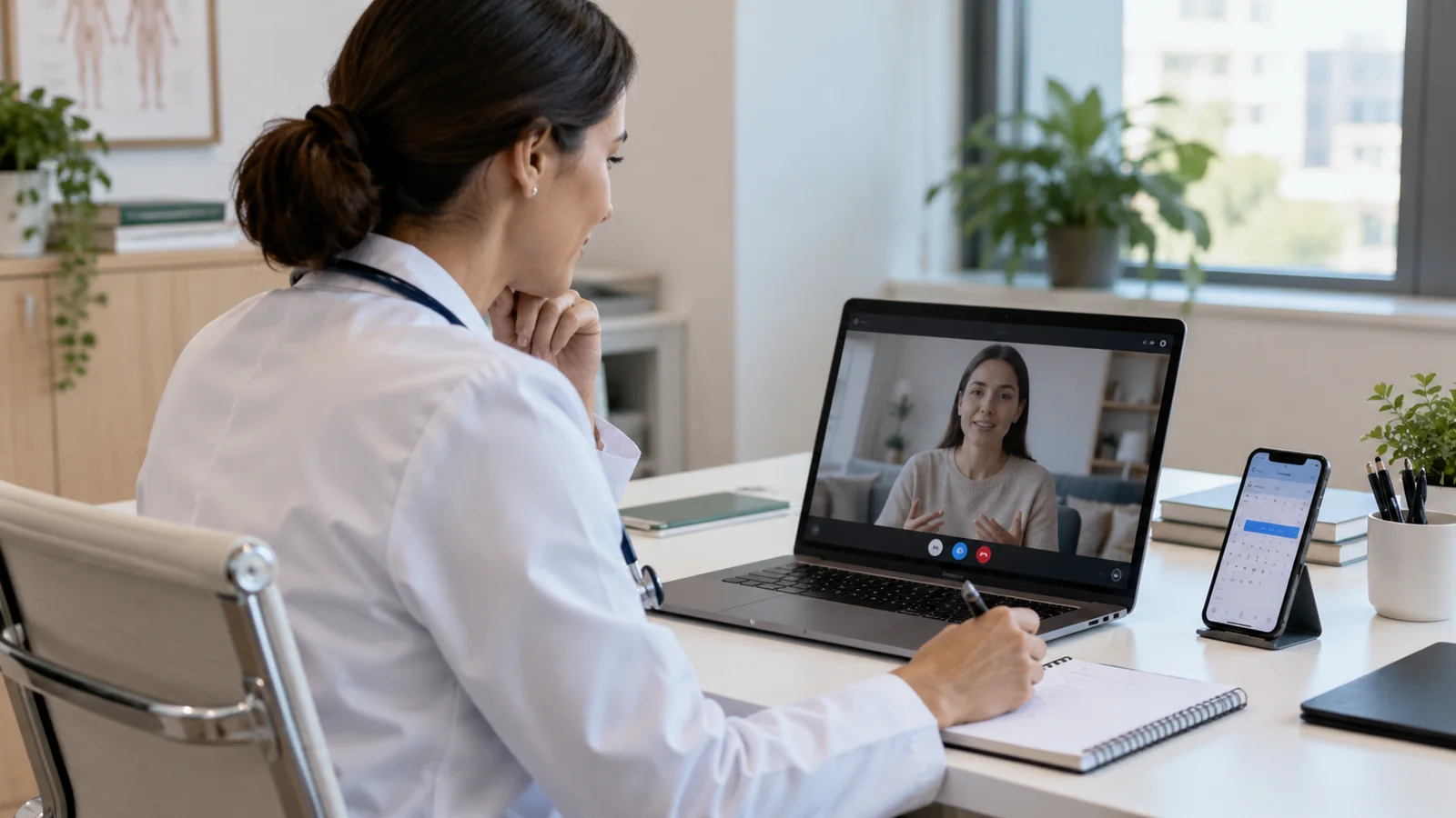 Médica realiza teleconsulta por notebook em consultório, com agenda digital ao lado.