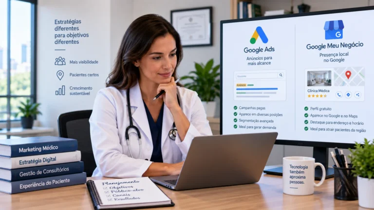 Médica compara Google Ads e Perfil da Empresa no Google em uma estratégia de presença digital para consultório.
