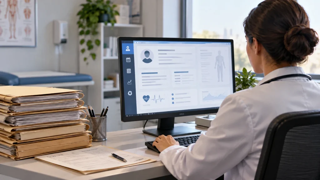 Médica utilizando prontuário eletrônico em computador ao lado de arquivos clínicos em papel.