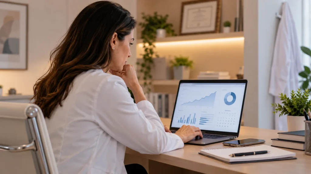 Profissional de saúde analisa indicadores de marketing digital em notebook no consultório.