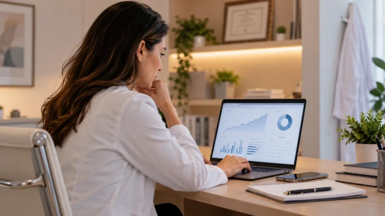 Profissional de saúde analisa indicadores de marketing digital em notebook no consultório.