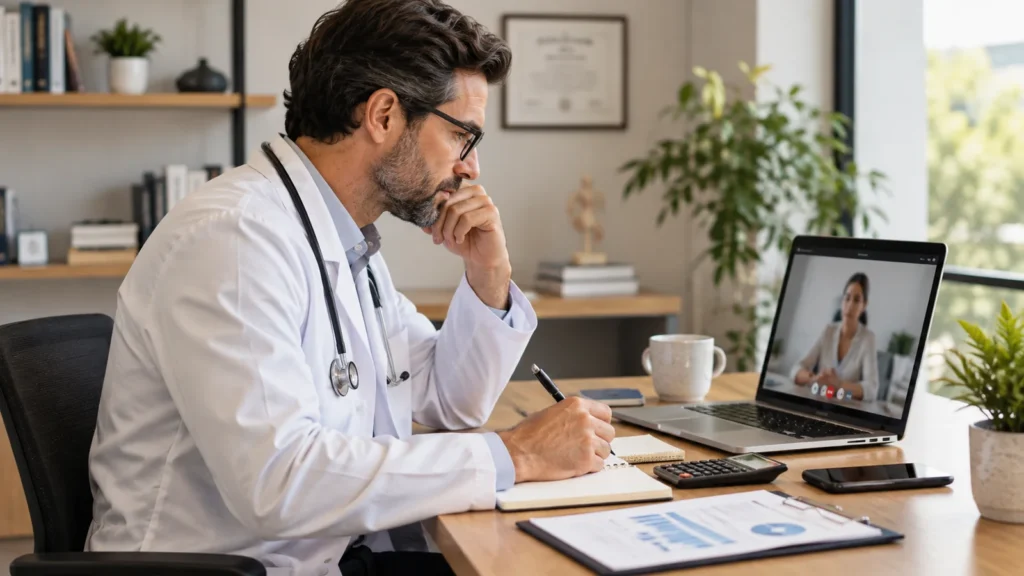 Médico em teleconsulta diante de notebook, com calculadora e anotações sobre custos na mesa.