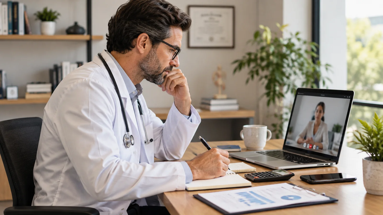 Médico em teleconsulta diante de notebook, com calculadora e anotações sobre custos na mesa.