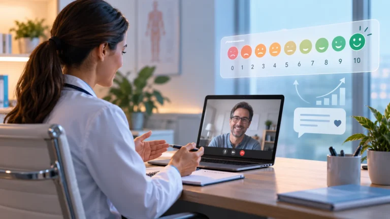 Médica em teleconsulta analisa pesquisa de satisfação com escala de 0 a 10.