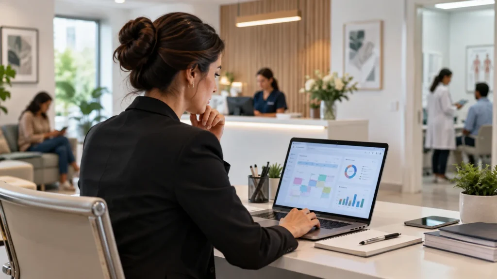 Profissional de gestão analisando agenda e indicadores em notebook na recepção de uma clínica.