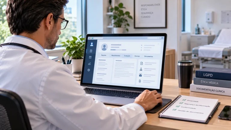 Médico consultando prontuário eletrônico em notebook com materiais sobre LGPD, ética e documentação clínica.