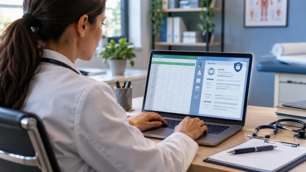 Médica em consultório compara planilha e prontuário eletrônico em notebook