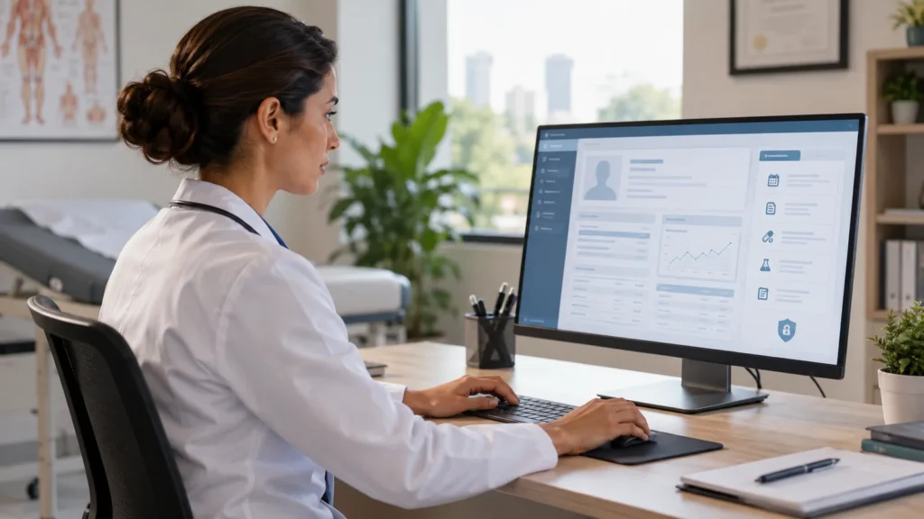 Médica usando prontuário eletrônico em computador no consultório.