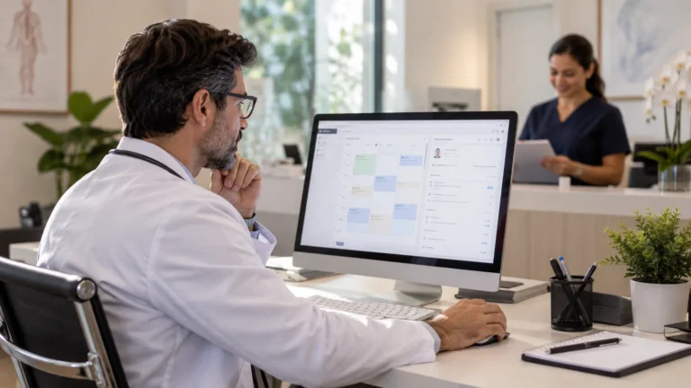 Médico consulta agenda digital em computador enquanto profissional organiza documentos na recepção de clínica.