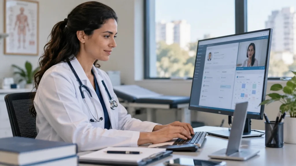 Médica usa computador com interface de telemedicina e agenda digital em consultório.