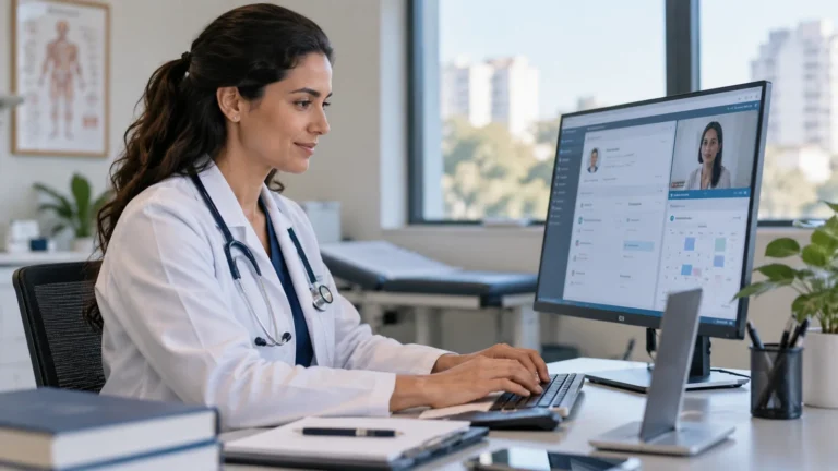 Médica usa computador com interface de telemedicina e agenda digital em consultório.