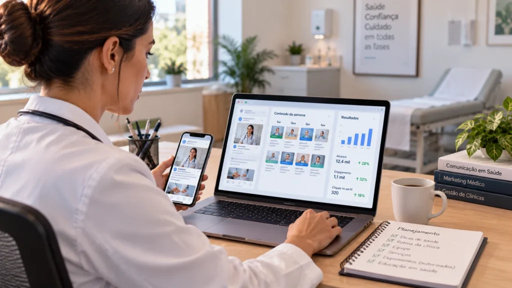 Médica planejando conteúdos e acompanhando métricas de redes sociais em um consultório.