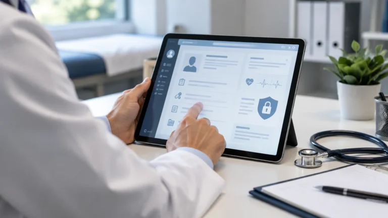 Profissional de saúde consulta prontuário eletrônico em tablet com símbolo de proteção de dados.