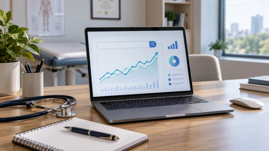 Notebook com painel de busca e métricas em ambiente de consultório, representando tráfego orgânico e marketing médico.