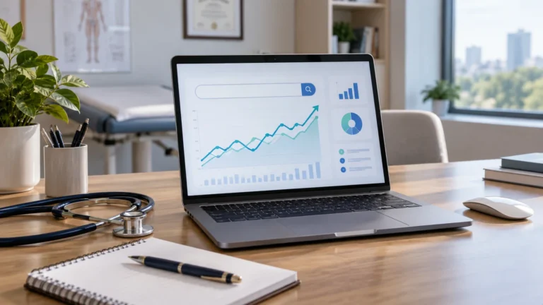 Notebook com painel de busca e métricas em ambiente de consultório, representando tráfego orgânico e marketing médico.