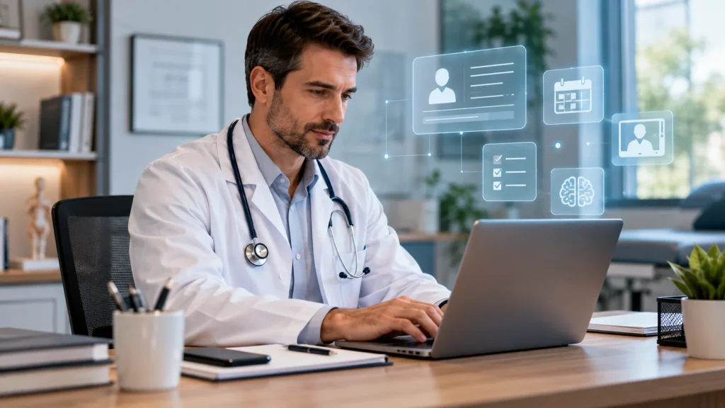 Médico em consultório usando notebook com elementos visuais de prontuário, agenda, telemedicina e inteligência artificial.