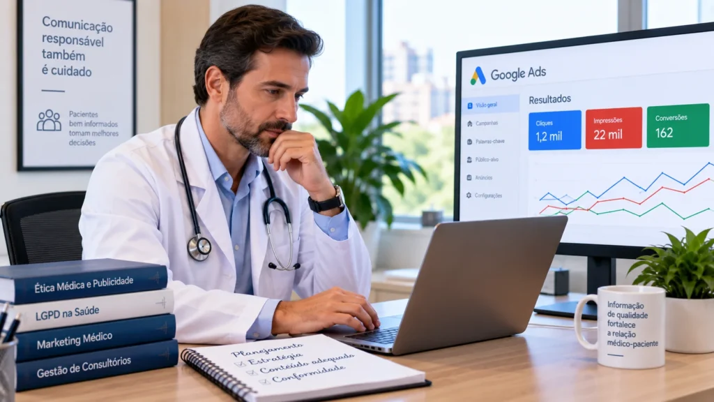 Médico analisa métricas de uma campanha de anúncios digitais em ambiente de consultório.