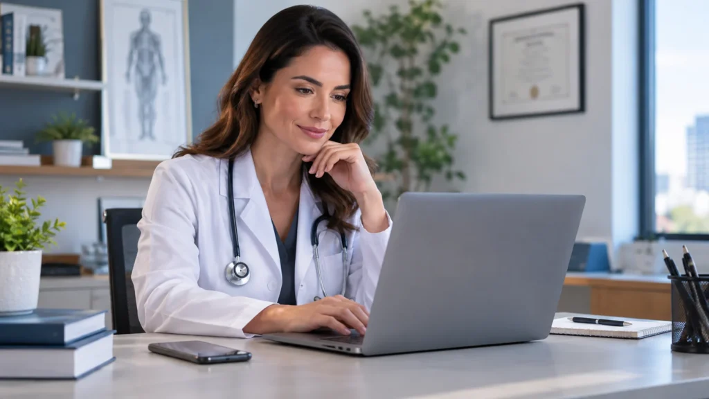 Médica em consultório usando notebook para organizar sua presença digital.