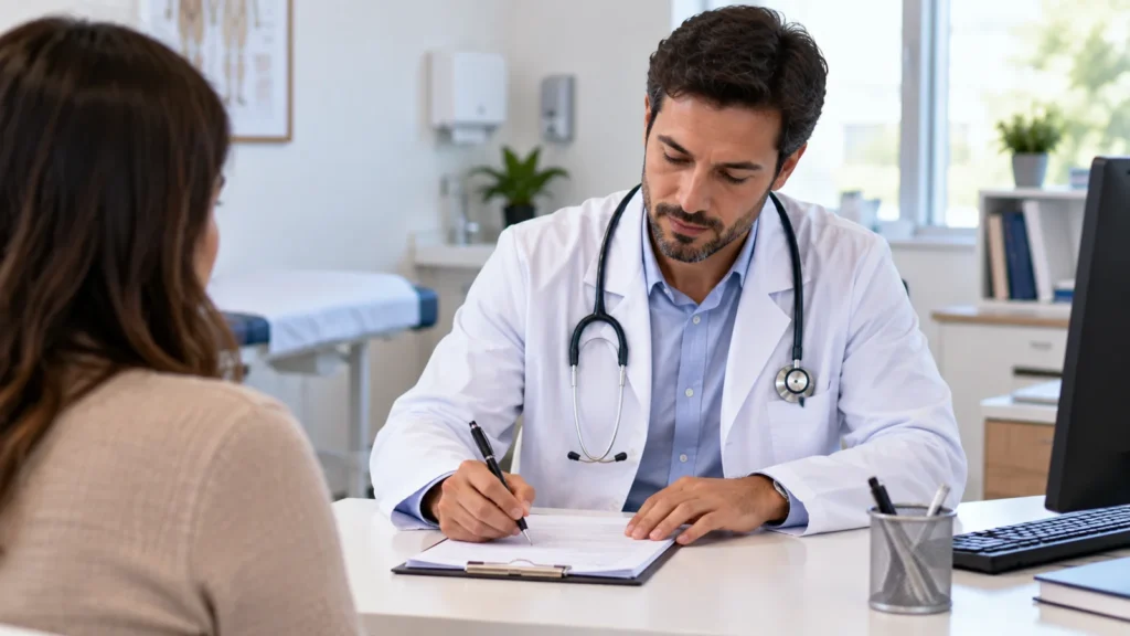 Médico preenche documento durante consulta com paciente em consultório.