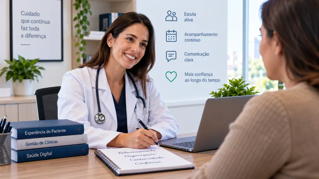 Médica conversa com paciente em consultório, representando comunicação, continuidade do cuidado e relacionamento ao longo do atendimento.