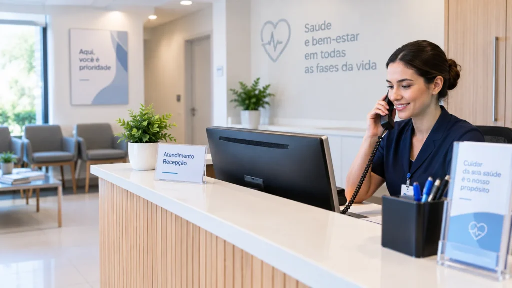 Profissional atendendo telefone na recepção organizada de uma clínica