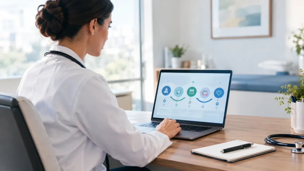 Médica organizando estratégias de presença digital e relacionamento com pacientes em um computador