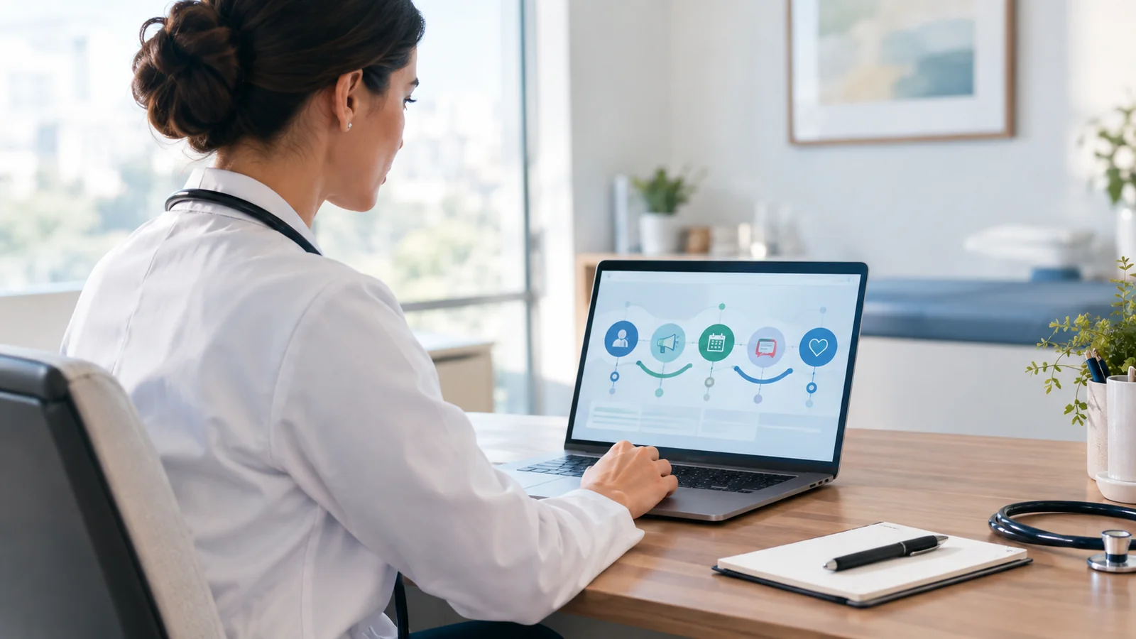 Médica organizando estratégias de presença digital e relacionamento com pacientes em um computador