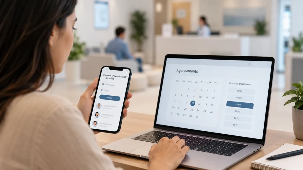 Pessoa usando smartphone e notebook para pesquisar atendimento de saúde e organizar um agendamento em ambiente de clínica.