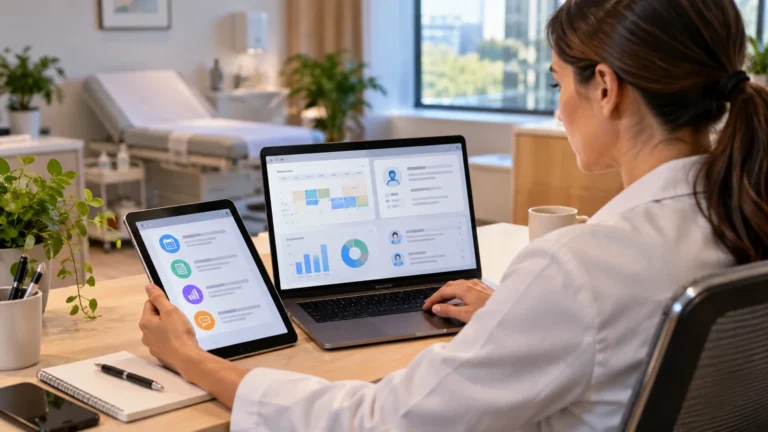Profissional de saúde utilizando ferramentas digitais para organizar a gestão da clínica.