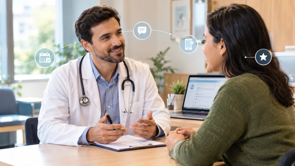Médico conversa com paciente em consultório com elementos digitais de agendamento e relacionamento