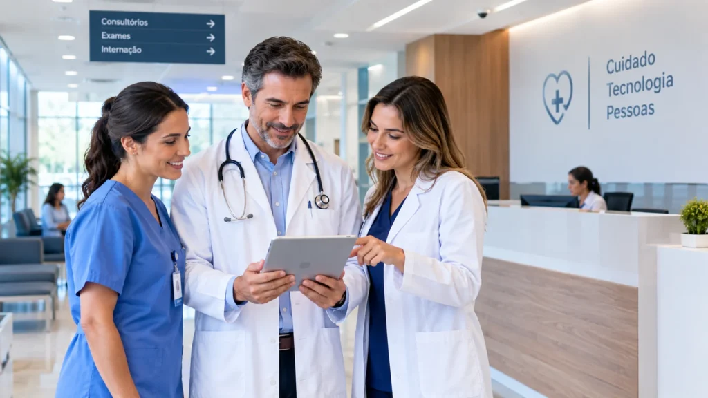 Profissionais de saúde em centro médico moderno analisando informações em tablet