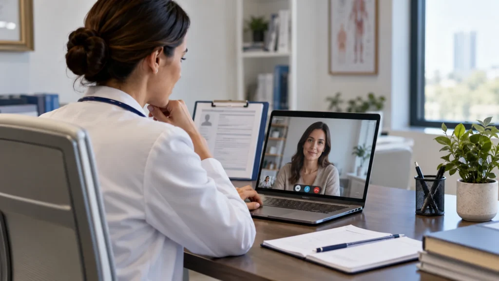 Médica realiza consulta online com paciente por videoconferência em notebook.