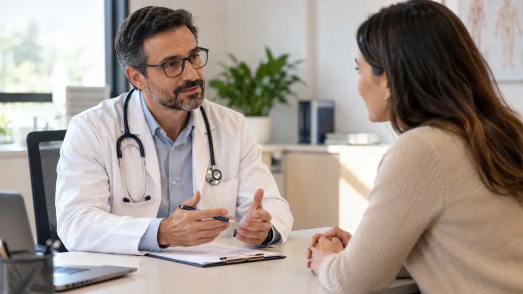 Médico e paciente conversando durante consulta em ambiente clínico, representando confiança e comunicação na relação médico-paciente.