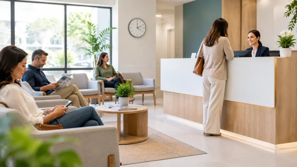 Sala de espera de consultório médico com pacientes aguardando atendimento e recepcionista atendendo uma paciente.