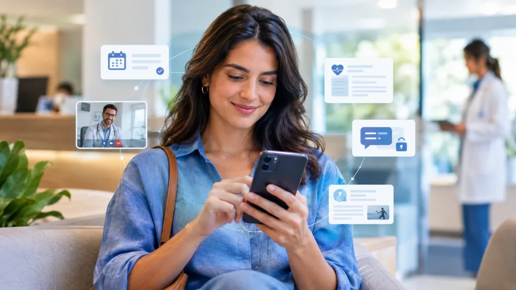 Paciente usando smartphone em ambiente de clínica com recursos digitais de saúde ao redor