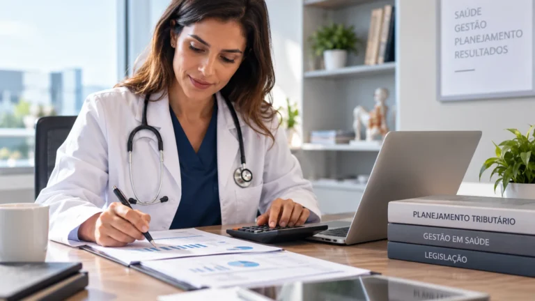 Médica organizando documentos financeiros e fazendo cálculos na mesa do consultório.