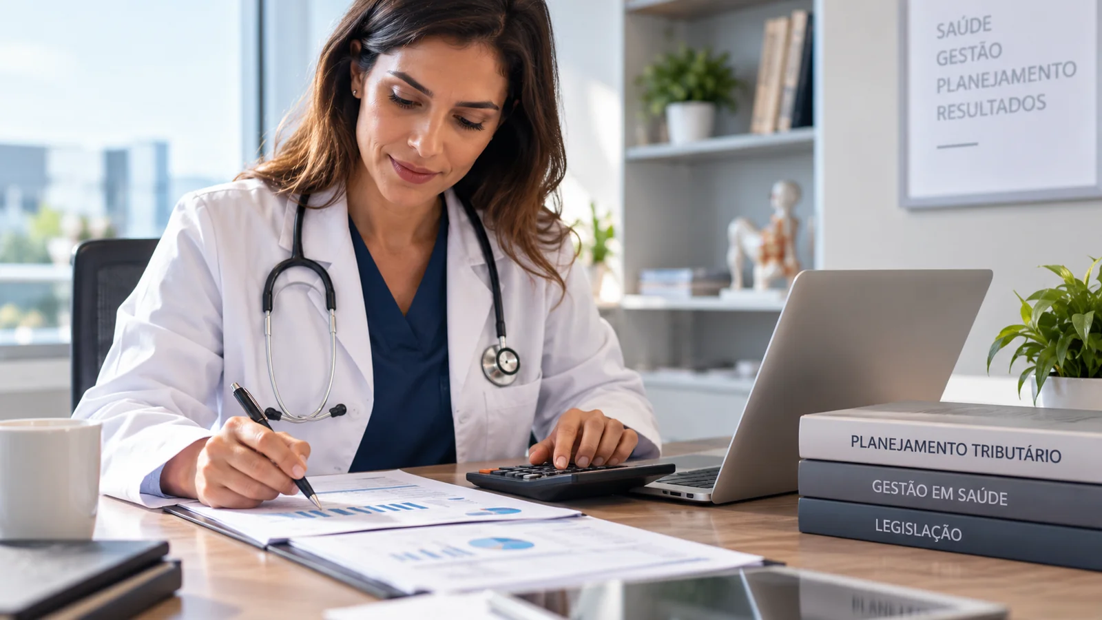 Médica organizando documentos financeiros e fazendo cálculos na mesa do consultório.