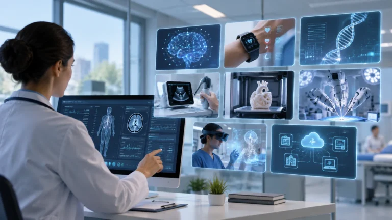 Médica analisando tecnologias de saúde digital, incluindo IA, wearable, ultrassom, impressão 3D e dados conectados.