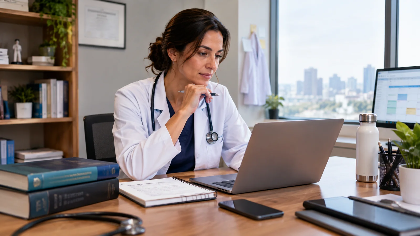 Médica organizando a rotina profissional em consultório com laptop e agenda digital.
