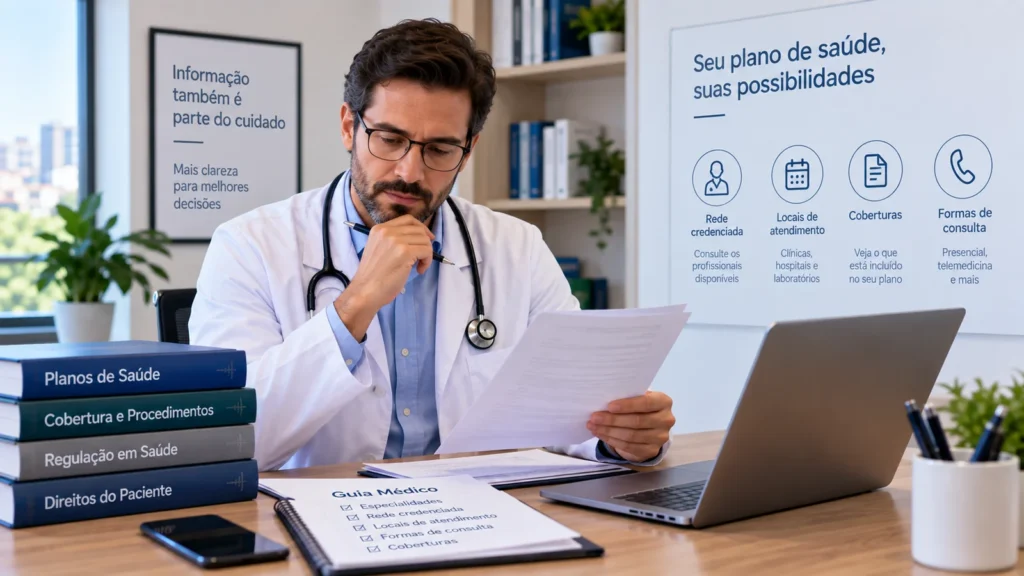 Médico consulta informações sobre rede credenciada, coberturas e locais de atendimento de um plano de saúde.