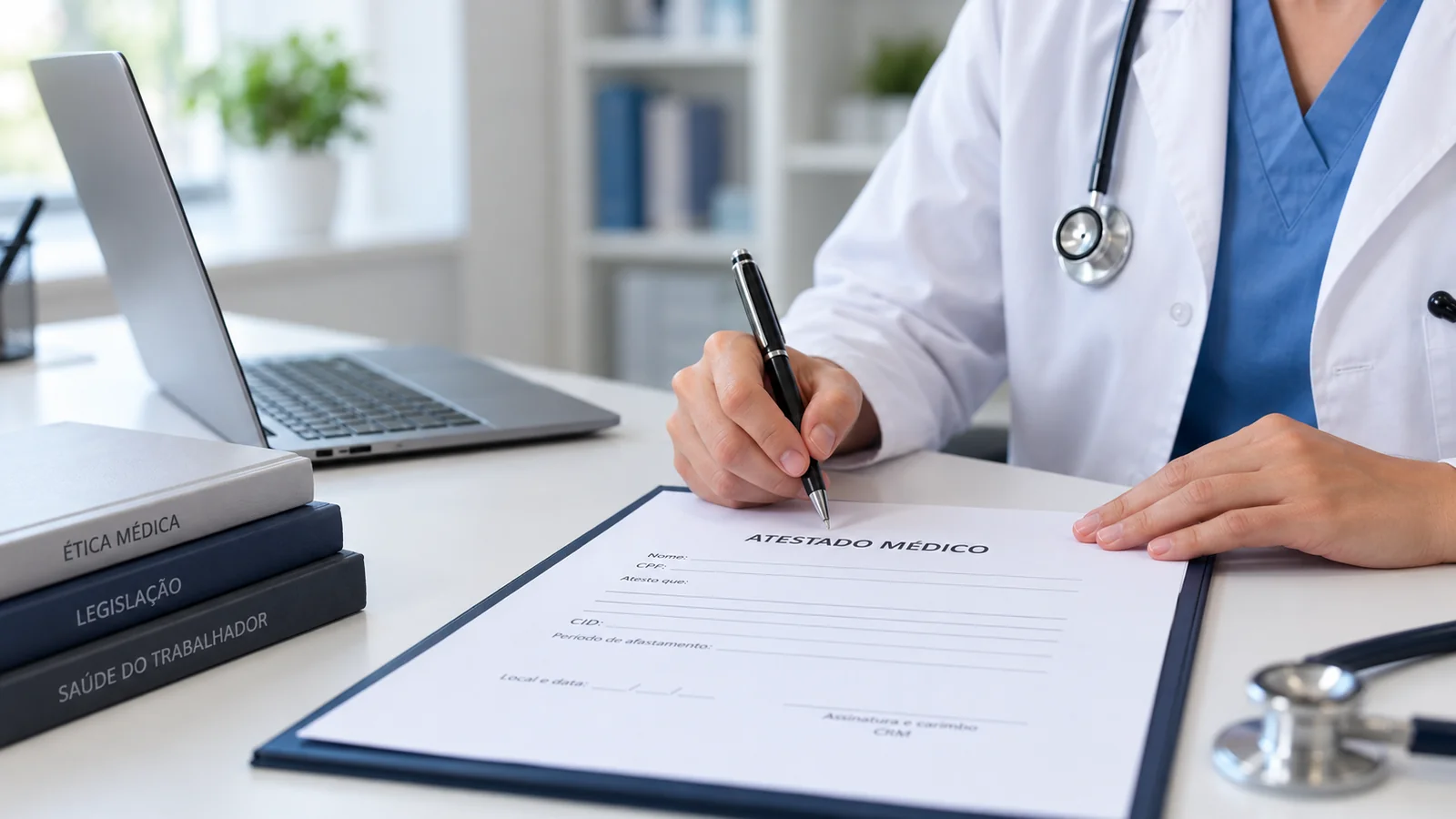 Médico preenchendo atestado em mesa de consultório com computador e estetoscópio