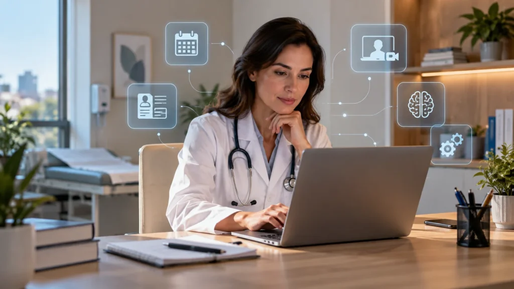 Médica usando notebook em consultório com ícones digitais de agenda, prontuário, telemedicina e inteligência artificial.