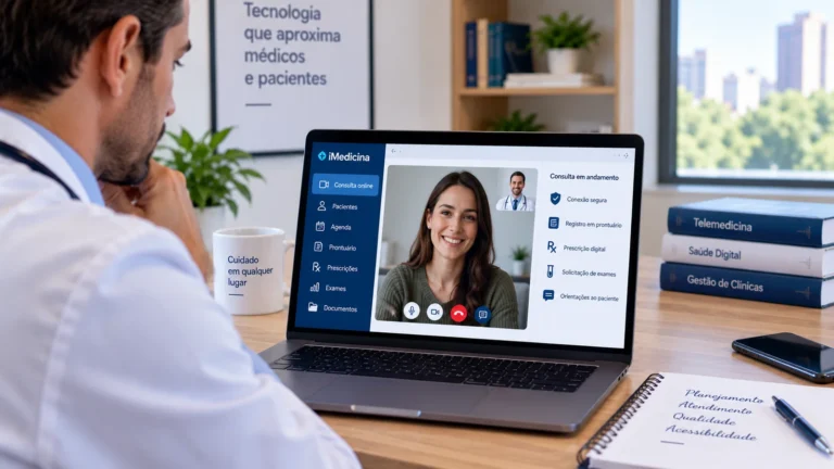 Médico realiza teleconsulta por notebook em ambiente de atendimento integrado ao prontuário eletrônico.
