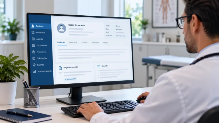 Médico consulta prontuário eletrônico com informações clínicas organizadas em sistema digital.