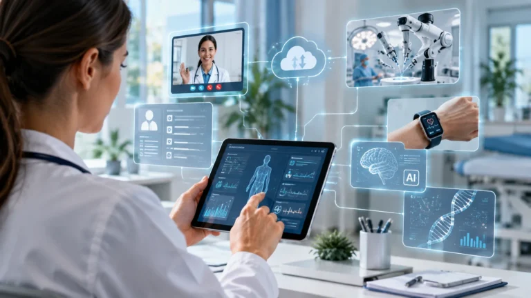 Profissional de saúde usando tablet com representações de telemedicina, IA, wearables, robótica, nuvem e genômica.