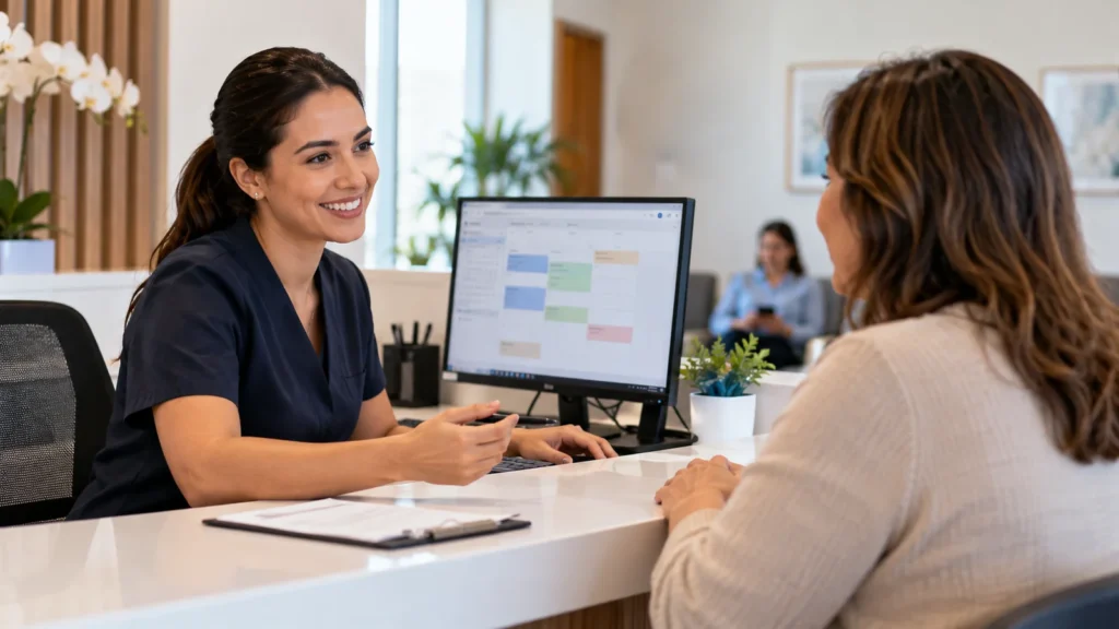 Recepcionista em clínica conversa com paciente diante de agenda digital em computador.