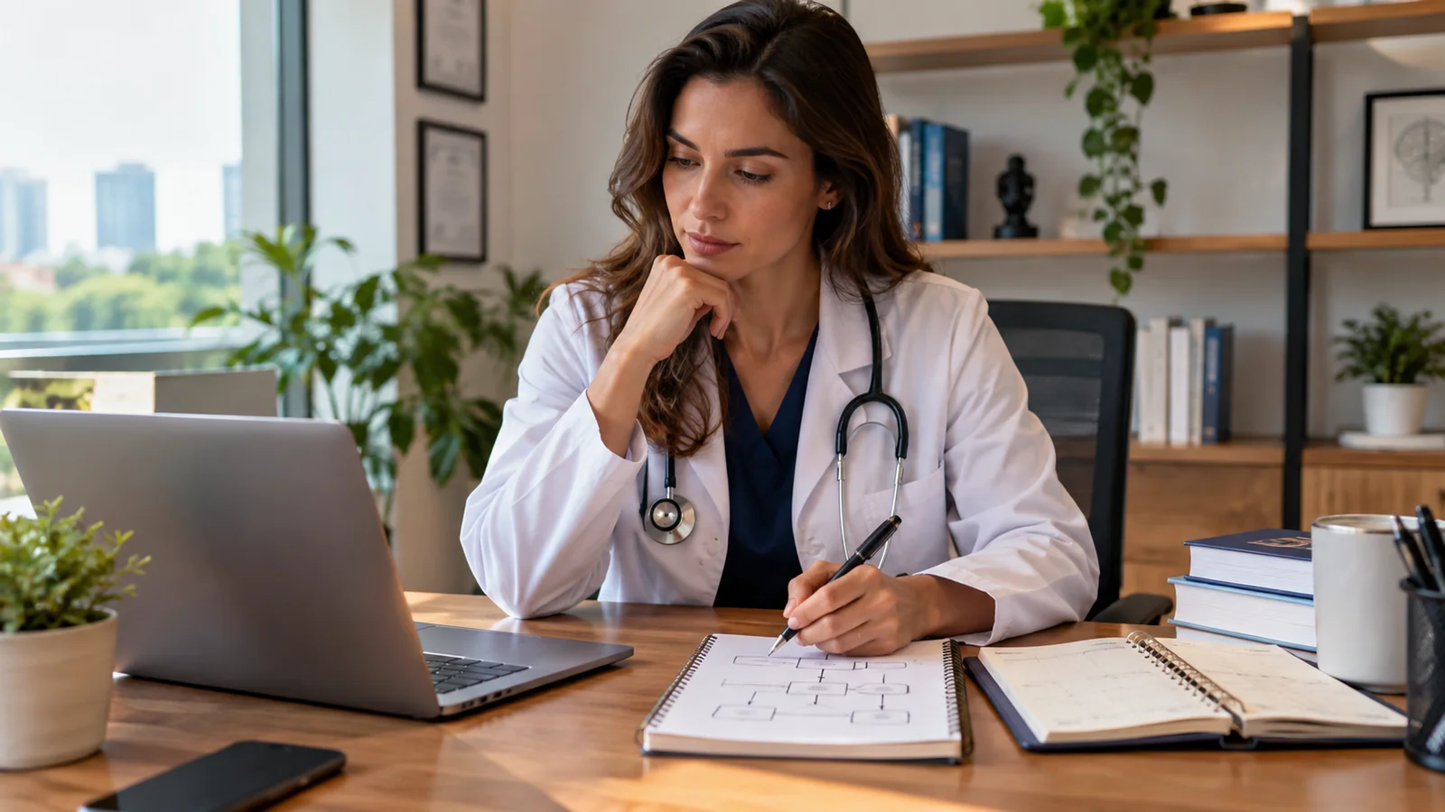 Médica revisando um plano de carreira em mesa de trabalho com notebook e agenda.