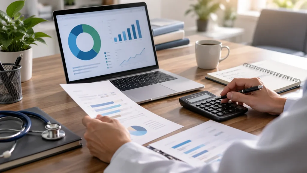 Profissional organiza dados financeiros do consultório em computador, relatórios e calculadora.
