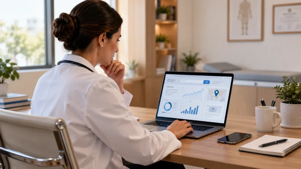Médica em consultório analisando dados de presença digital no notebook.
